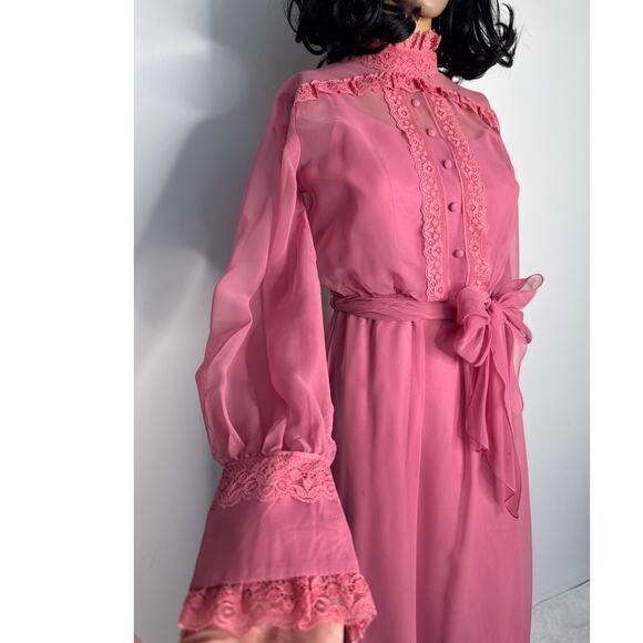 1970s Pink Chiffon Prairie Maxi High Neck Dress Lace Trim LGWD Canada XS - Picture 4 of 17